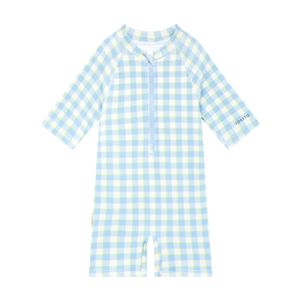 blue gingham SPF50 onesie